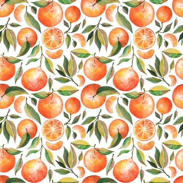 Portakallı suluboya desenli turunçgiller beyaz arka planda izole edilmiş yeşil yapraklar. Tekrarlanan meyve arka planı. Kumaş tekstili için botanik illüstrasyon