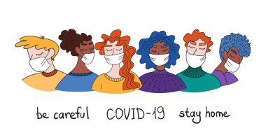 Koronavirüs salgını. Beyaz Yüzlü Maskeli İnsanlar çok kültürlü bir grup. Coronavirus Karantinası kavramı. COVID-19