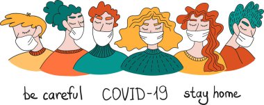 Koronavirüs salgını. Beyaz Yüzlü Maskeli İnsanlar çok kültürlü bir grup. Coronavirus Karantinası kavramı. COVID-19