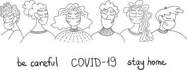 Koronavirüs salgını. Beyaz Yüzlü Maskeli İnsanlar çok kültürlü bir grup. Coronavirus Karantinası kavramı. COVID-19