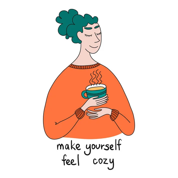 Genç bayana bir fincan sıcak içecek verin. Bir fincan kahve ya da çayla genç ve çekici bir kadın. Covid 19 Evde Kal Coronavirus Karantina Konsepti. Sakin ol.