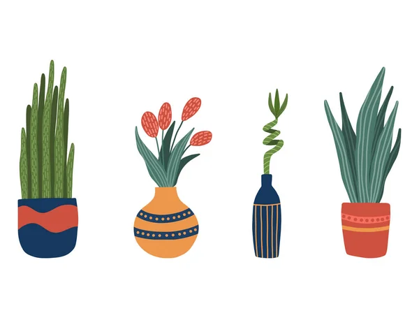 Conjunto de plantas de interior de la casa en estilo de dibujos animados. Lindas plantas de interior de moda en macetas y floreros. Decoración natural verde para el hogar y el interior. Ilustración vectorial de cerca . — Vector de stock