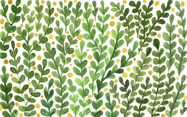 수채 색 녹색은 손으로 그린 수평의 배경을 이룬다. 녹색 잔가지로 가득 찬 꽃무늬. — 스톡 사진