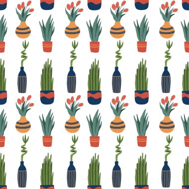 Tencere ve vazolardaki kapalı bitkiler, bambu, sansevieria, yılan dili, kırmızı lale çiçekleri. Saksıdaki ev bitkileri, el çizimi çizgi film tarzında tekstil kumaş deseni oluşturur.