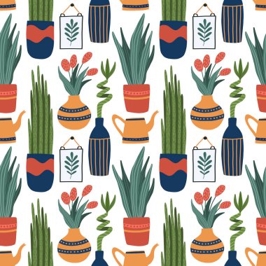 Tencere ve vazolarda, bambu, sansevieria, yılan dili, sulama tenekesi, lale çiçekleri. Saksı bitkileri el çizimi karikatür tarzında tekstil için geri yükleme deseni