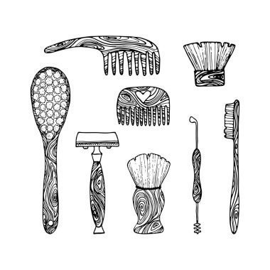 Sıfır atık ahşap fırça - el çizimi karalama koleksiyonu beyaz arka planda izole. Bambu diş fırçası, traş makinesi, tarak, tıraş fırçası, arma çizimi. Yeniden kullanılabilir çevre dostu hijyen ürünleri.