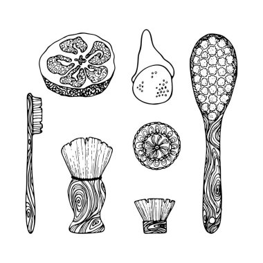 Eko banyo aksesuarları - bambu diş fırçası, sünger, lif, tıraş fırçası, yeniden kullanılabilir pamuk pedleri - çizim vektör çizimi. Yeniden kullanılabilir çevre dostu hijyen el yapımı karalama ürünleri.