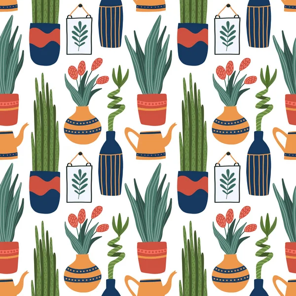 Tencere ve vazolarda, bambu, sansevieria, yılan dili, sulama tenekesi, lale çiçekleri. Saksı bitkileri el çizimi karikatür tarzında tekstil için geri yükleme deseni