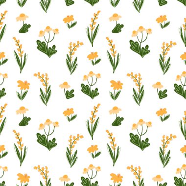 Elle çizilmiş yay, sarı papatya çiçekleri ve beyaz arka planda izole edilmiş yeşil otlarla kusursuz vektör deseni. Yaz çayır çiçekli karikatür tekerrür ediyor. Botanik illüstrasyon.
