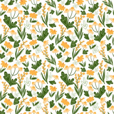 Elle çizilmiş yay, sarı papatya çiçekleri ve beyaz arka planda izole edilmiş yeşil otlarla kusursuz vektör deseni. Yaz çayır çiçekli karikatür tekerrür ediyor. Botanik illüstrasyon.