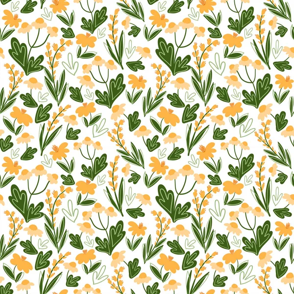 Elle çizilmiş yay, sarı papatya çiçekleri ve beyaz arka planda izole edilmiş yeşil otlarla kusursuz vektör deseni. Yaz çayır çiçekli karikatür tekerrür ediyor. Botanik illüstrasyon.