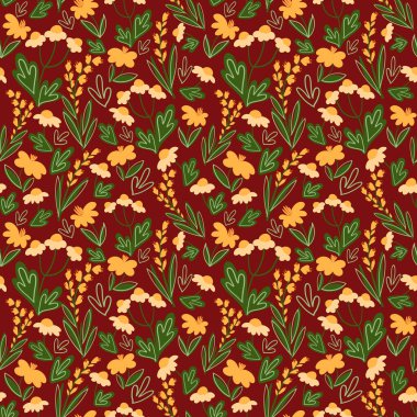 Elle çizilmiş yay, sarı papatya çiçekleri ve kırmızı arka planda izole edilmiş yeşil otlarla kusursuz vektör deseni. Yaz çayır çiçekli karikatür tekerrür ediyor. Botanik illüstrasyon.