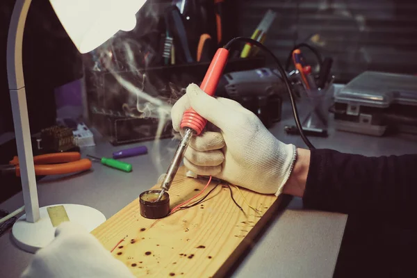 Electrician Hands Working Soldering Iron Workshop Close — Stock Photo, Image