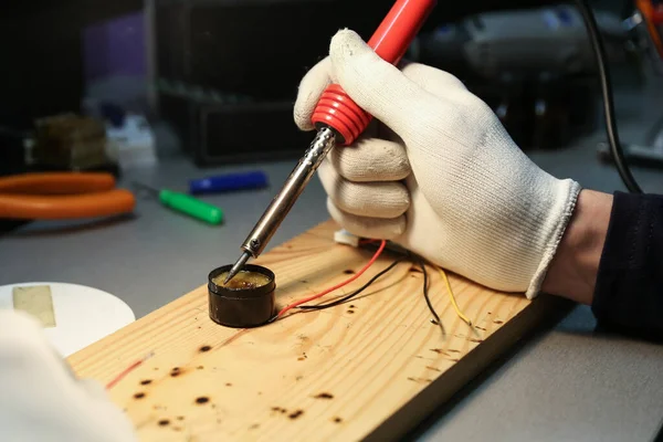 Electrician Hands Working Soldering Iron Workshop Close — Stock Photo, Image