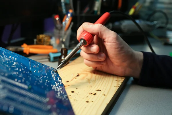 Electrician Hands Working Soldering Iron Workshop Close — Stock Photo, Image