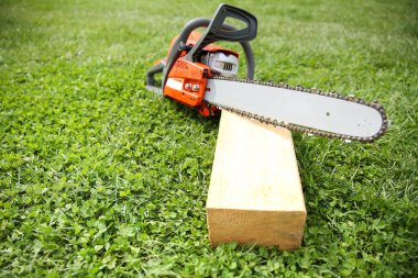   Çimlerin üzerinde turuncu testere. Kopya alanı ile kapatın..