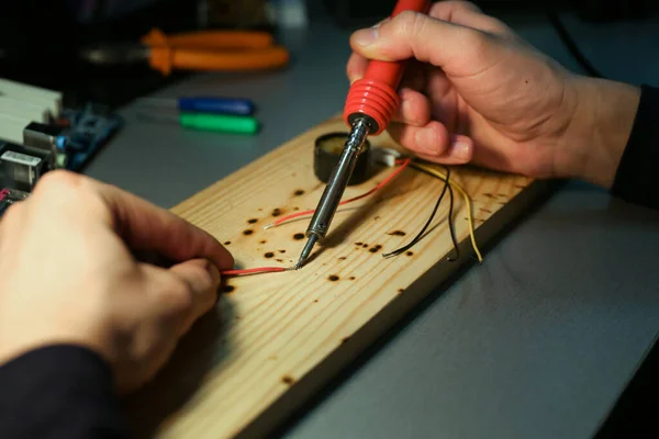 Worker Hands Solder Soldering Iron Workshop Close — Stock Photo, Image