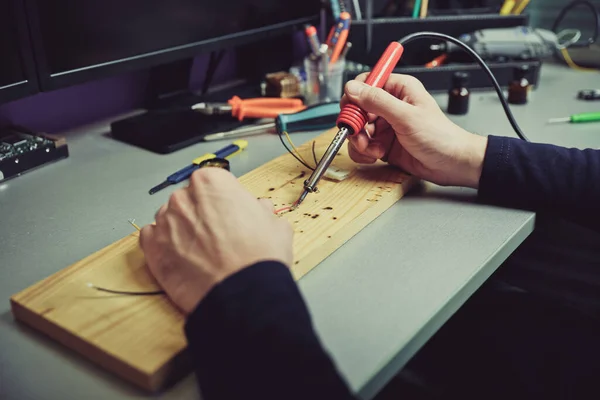 Worker Hands Solder Soldering Iron Workshop Close — Stock Photo, Image