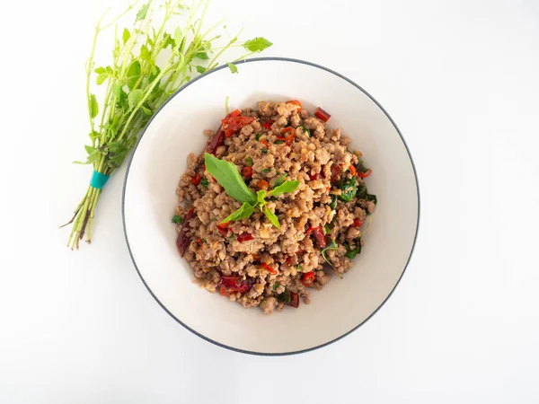 Stir Fried Basil Minced White Plate Thai Food Hot Spicy — Stock Photo, Image