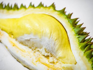 Durian, dikenli meyve Asya altınından bir meyvedir. Meyvenin sarı rengi tatlı, yumuşak ve keskin bir aroması vardır. Beyaz arkaplan