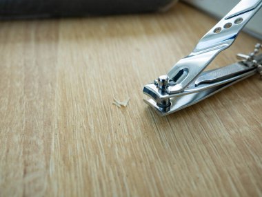 Tahta bir masaya çivi makasıyla yerleştirilmiş. Yan tırnak parçaları da paslanmaz çelikten..