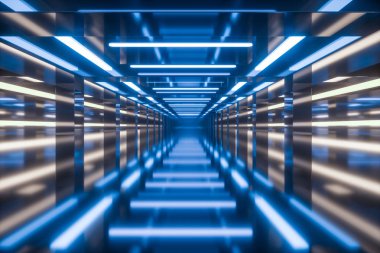 Parlak çizgileri olan boş oda, 3D görüntüleme.