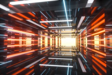 Parlak çizgileri olan boş oda, 3D görüntüleme.