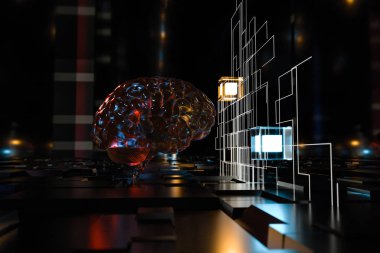 Beyin ve koyu kübik boşluk arkaplanı, 3D görüntüleme.