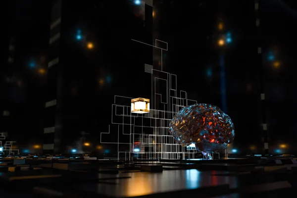 Cérebro e fundo espaço cúbico escuro, renderização 3d . — Fotografia de Stock