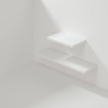 Boş odada beyaz boş küp raf, 3 boyutlu görüntüleme.