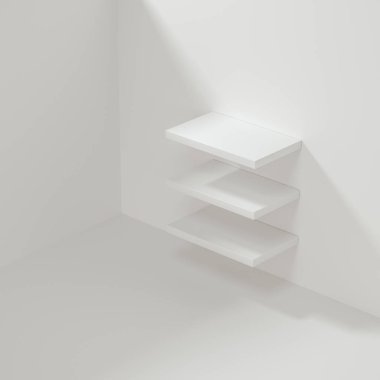 Boş odada beyaz boş küp raf, 3 boyutlu görüntüleme.