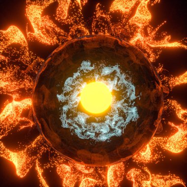 Parlak ışıkla parlayan soyut parçacıklar, 3D görüntüleme.