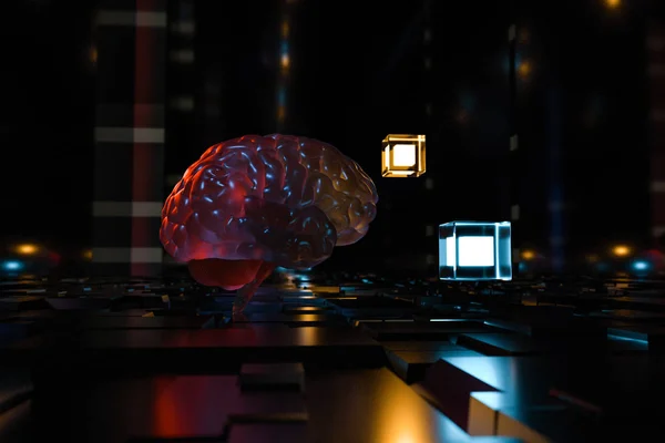Мозок і темно-кубічний простір фон, 3d рендеринг . — стокове фото