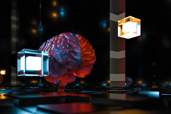 Мозок і темно-кубічний простір фон, 3d рендеринг . — стокове фото