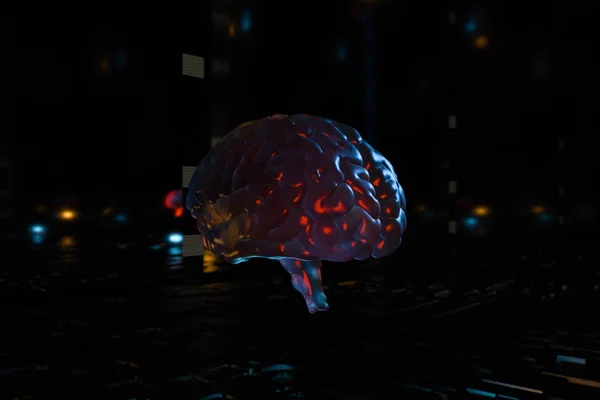 Cérebro e fundo espaço cúbico escuro, renderização 3d . — Fotografia de Stock
