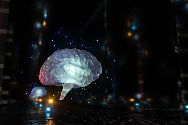 Cerveau et fond d'espace cubique sombre, rendu 3d . — Photo