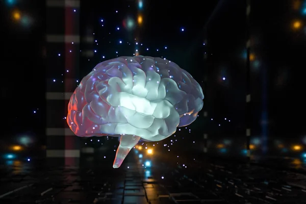 大脑和黑暗立方体空间背景，3D渲染. — 图库照片