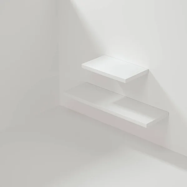 Prateleira branca do cubo vazio na sala vazia, renderização 3d . — Fotografia de Stock
