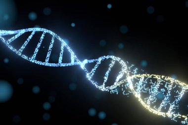 DNA parçacıkları ve dağınık parlayan çizgiler, 3 boyutlu oluşturma.