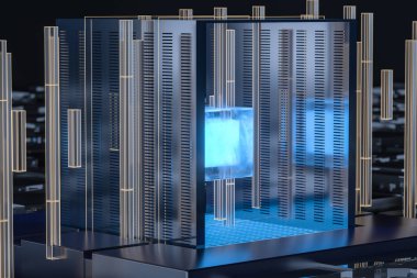 Mavi ve altın küp, cam malzemeli, 3 boyutlu..