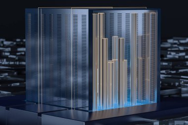 Mavi ve altın küp, cam malzemeli, 3 boyutlu..