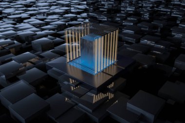 Mavi ve altın küp, cam malzemeli, 3 boyutlu..