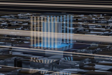 Mavi ve altın küp, cam malzemeli, 3 boyutlu..