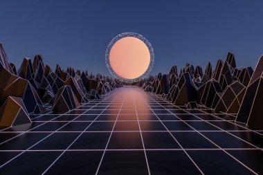 3d arka plan İllüstrasyon 80's Scene synthwave ve retrowave esinlenerek.