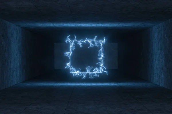 The particles with geometrical shape in a dark room, 3d rendering.