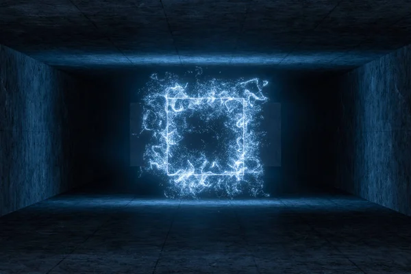 The particles with geometrical shape in a dark room, 3d rendering.