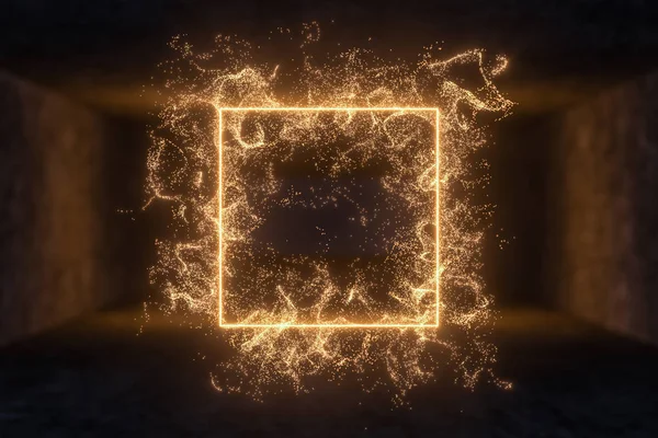 Partiklarna med geometrisk form i ett mörkt rum, 3D-rendering. — Stockfoto