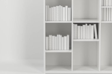 İçi boş yeni evdeki kitaplarla dolu kitaplık, 3D görüntüleme.