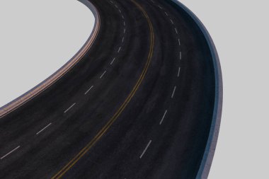 Beyaz arkaplanlı boş asfalt yolu, 3d oluşturma.