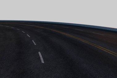 Beyaz arkaplanlı boş asfalt yolu, 3d oluşturma.
